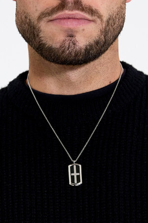 Men's necklace rectangular cross charm - silver/black h5 Picture3